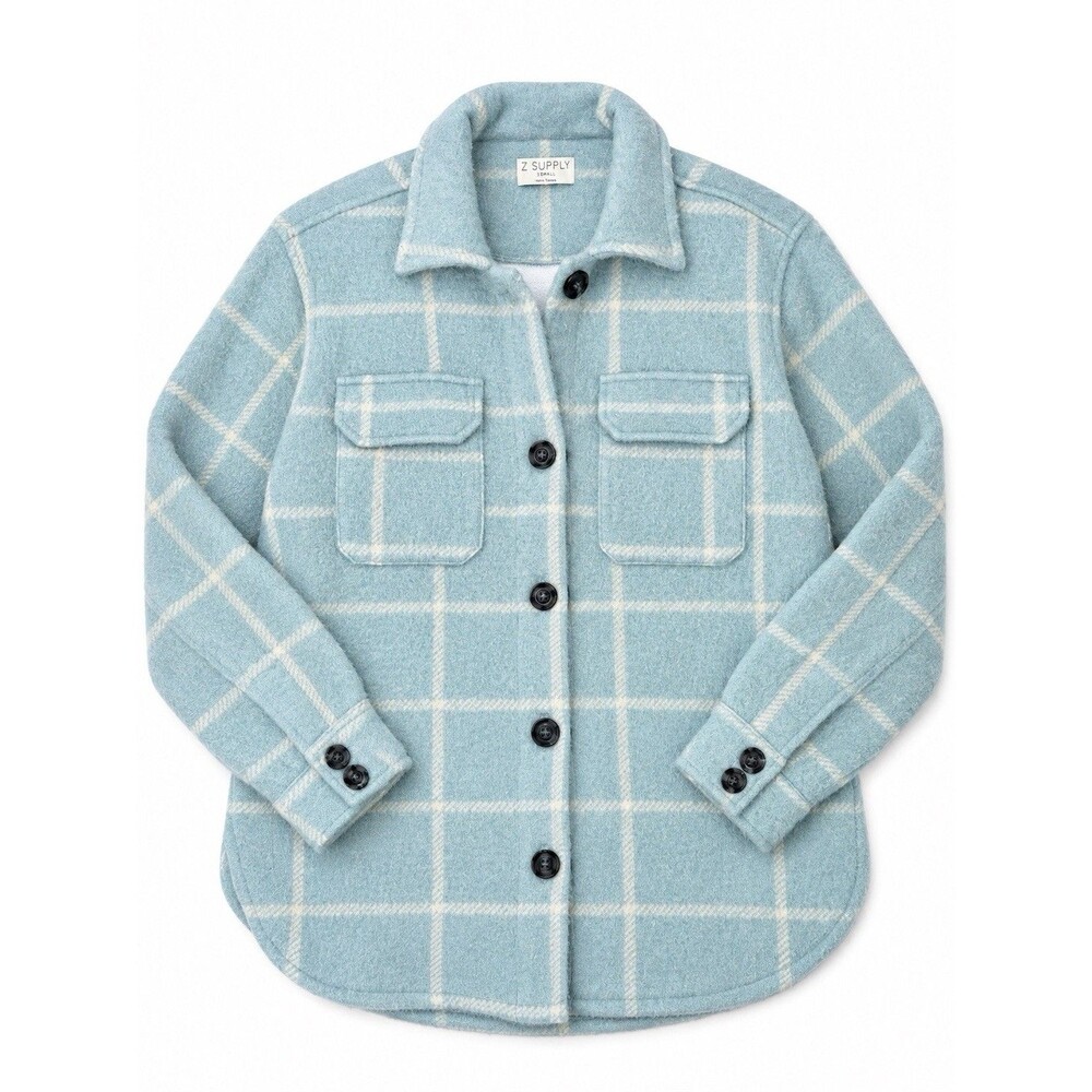 Z Supply Tucker Plaid Shacket XS Light Blue Ivory Fuzzy Oversized Jacket